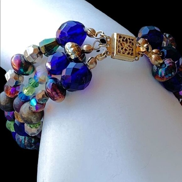 Artist made glass bead bracelet gold vermeil filagree clasp blue-silver-green - Picture 9 of 14